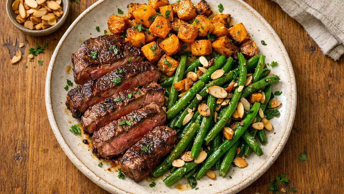 Pan-Seared Steak with Roasted Butternut Squash and Green Beans Almondine